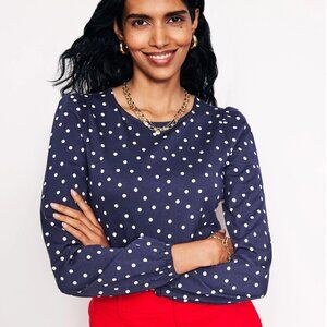 Boden Supersoft Long Sleeve Top French Navy Puff Sleeve Polka Dot 10 NWOT